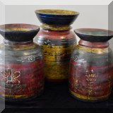 D47. Set of 3 hand painted dairy jugs from India. 11&rdquo;h and 9&rdquo;h 